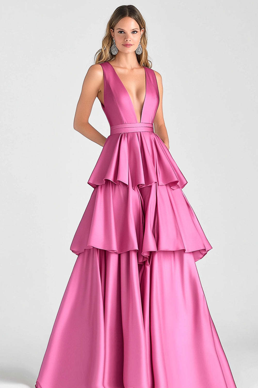 V-Neck Tiered Ball Gown Fuchsia Ruffled Formal Dress