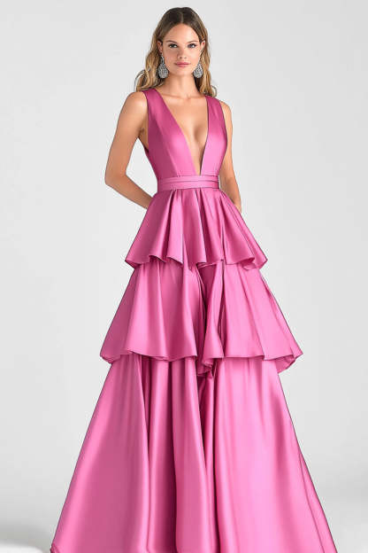V-Neck Tiered Ball Gown Fuchsia Ruffled Formal Dress