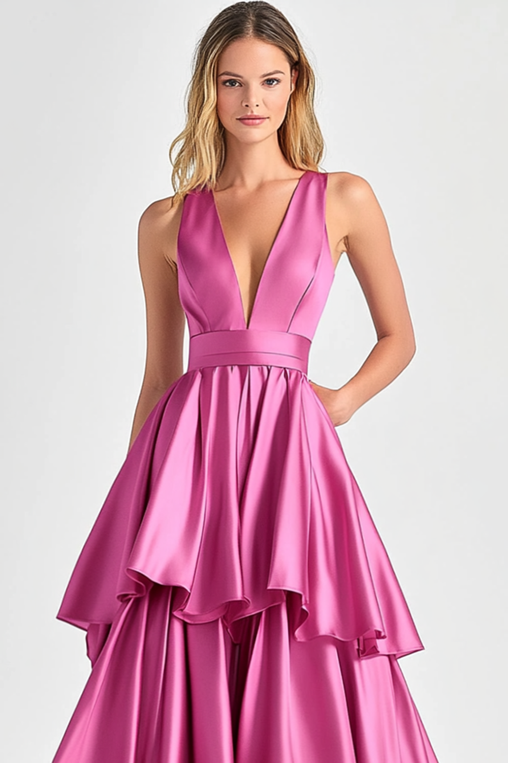 V-Neck Tiered Ball Gown Fuchsia Ruffled Formal Dress