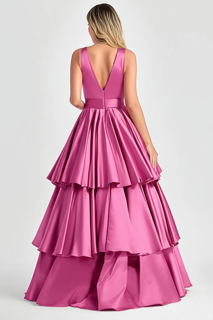 V-Neck Tiered Ball Gown Fuchsia Ruffled Formal Dress