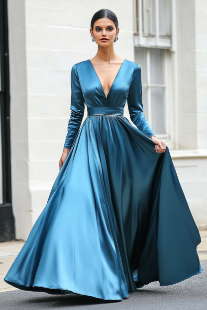 Leely Women Dark Blue A-Line V-Neck Long Sleeves Formal Dress Satin Maxi Wedding Guest Dress