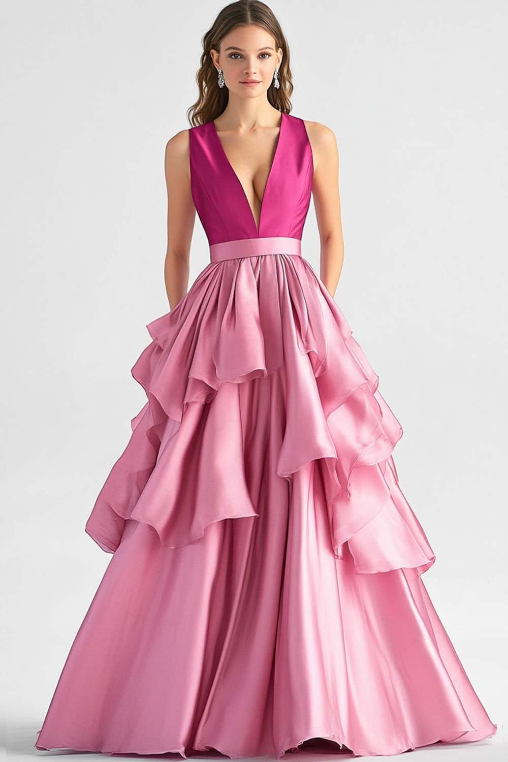Leely Women Princess Hot Pink Ball Gown V-Neck Ruffled Formal Dress Maxi Gala Dress