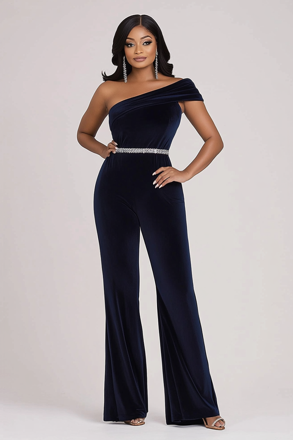 Leely Women Navy One Shoulder Velvet Formal Jumpsuit with Rhinestone Wedding Guest Dress