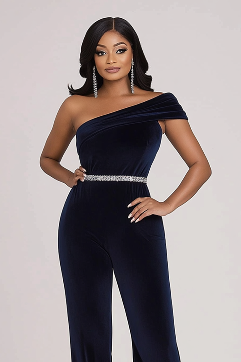 Navy One Shoulder Velvet Formal Jumpsuit with Rhinestone