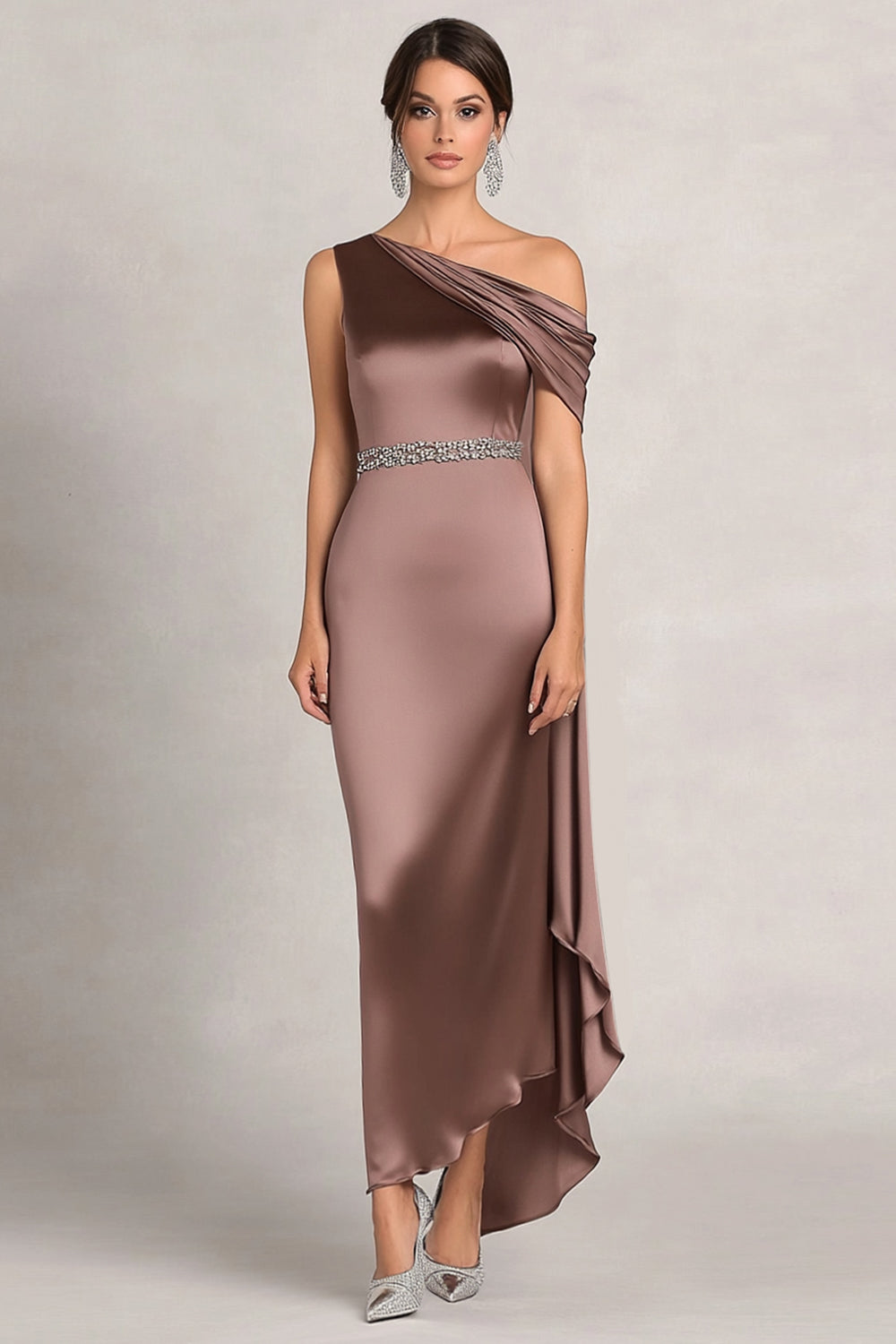 Leely Women Taupe One Shoulder Sheath Satin Formal Dress Maxi Rhinestone Wedding Guest Dress