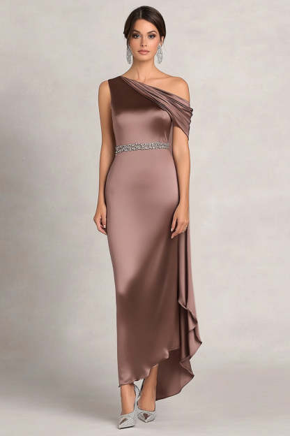 Leely Women Taupe One Shoulder Sheath Satin Formal Dress Maxi Rhinestone Wedding Guest Dress