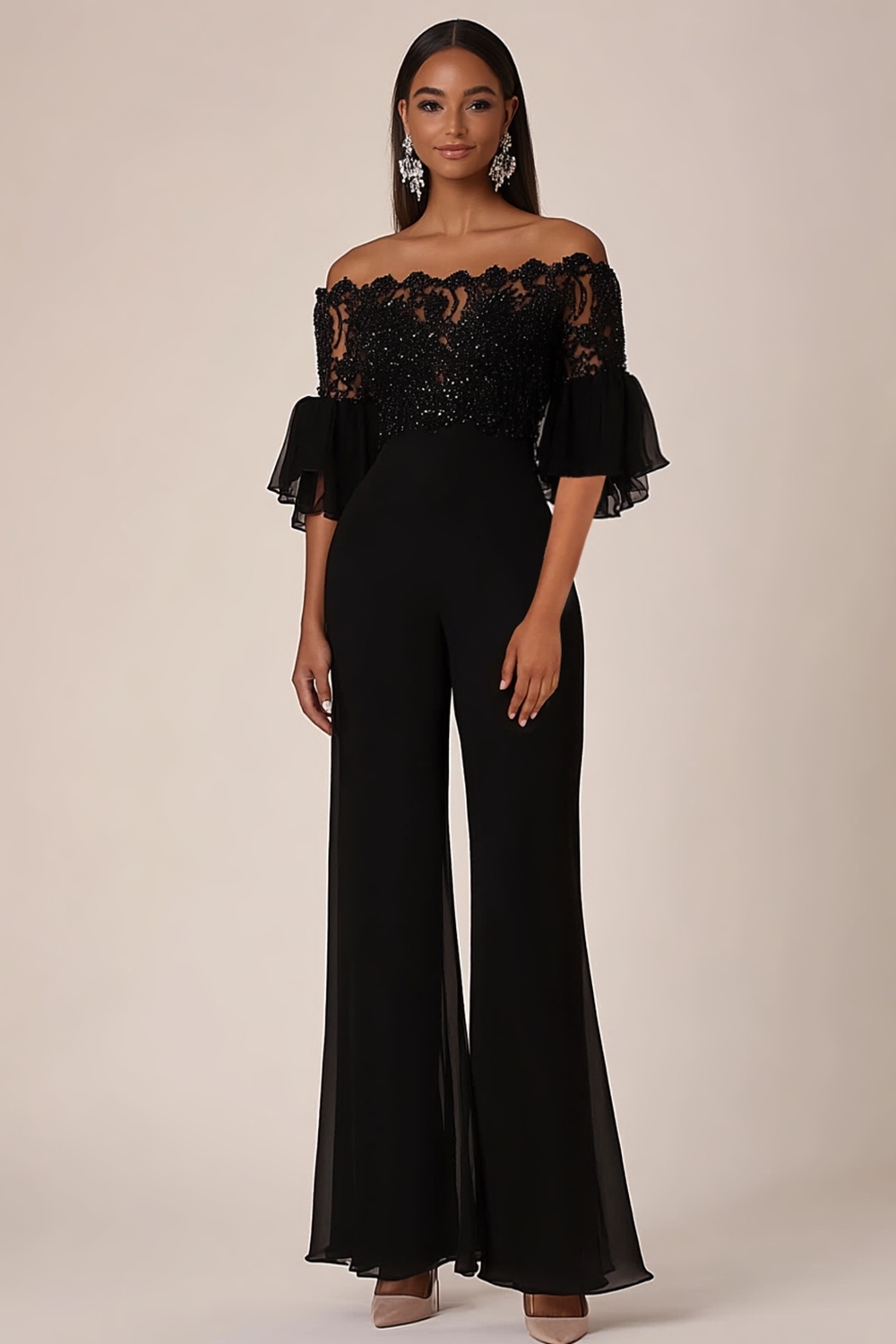 Leely Women Black Off the Shoulder Ruffle Sleeves Chiffon Formal Jumpsuit Lace Top Wedding Guest Jumpsuit