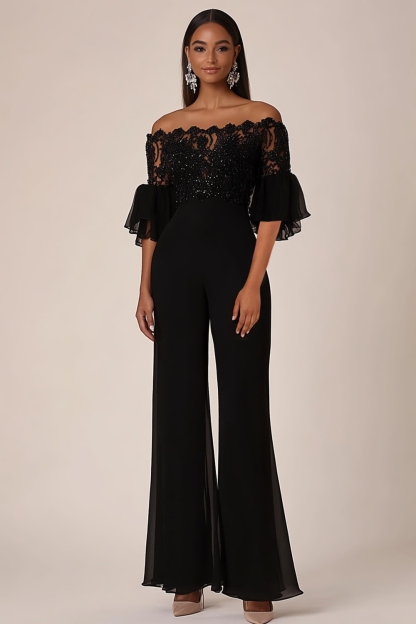 Leely Women Black Off the Shoulder Ruffle Sleeves Chiffon Formal Jumpsuit Lace Top Wedding Guest Jumpsuit
