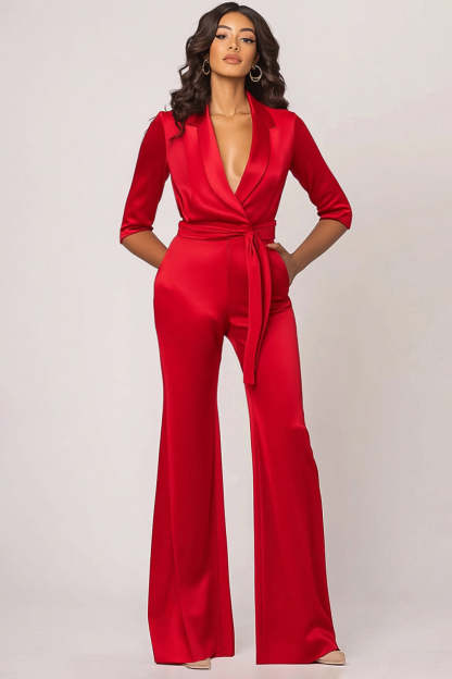 Leely Women Red Satin Sash Notched Lapel Formal Jumpsuit with Pockets Wedding Guest Pantsuit