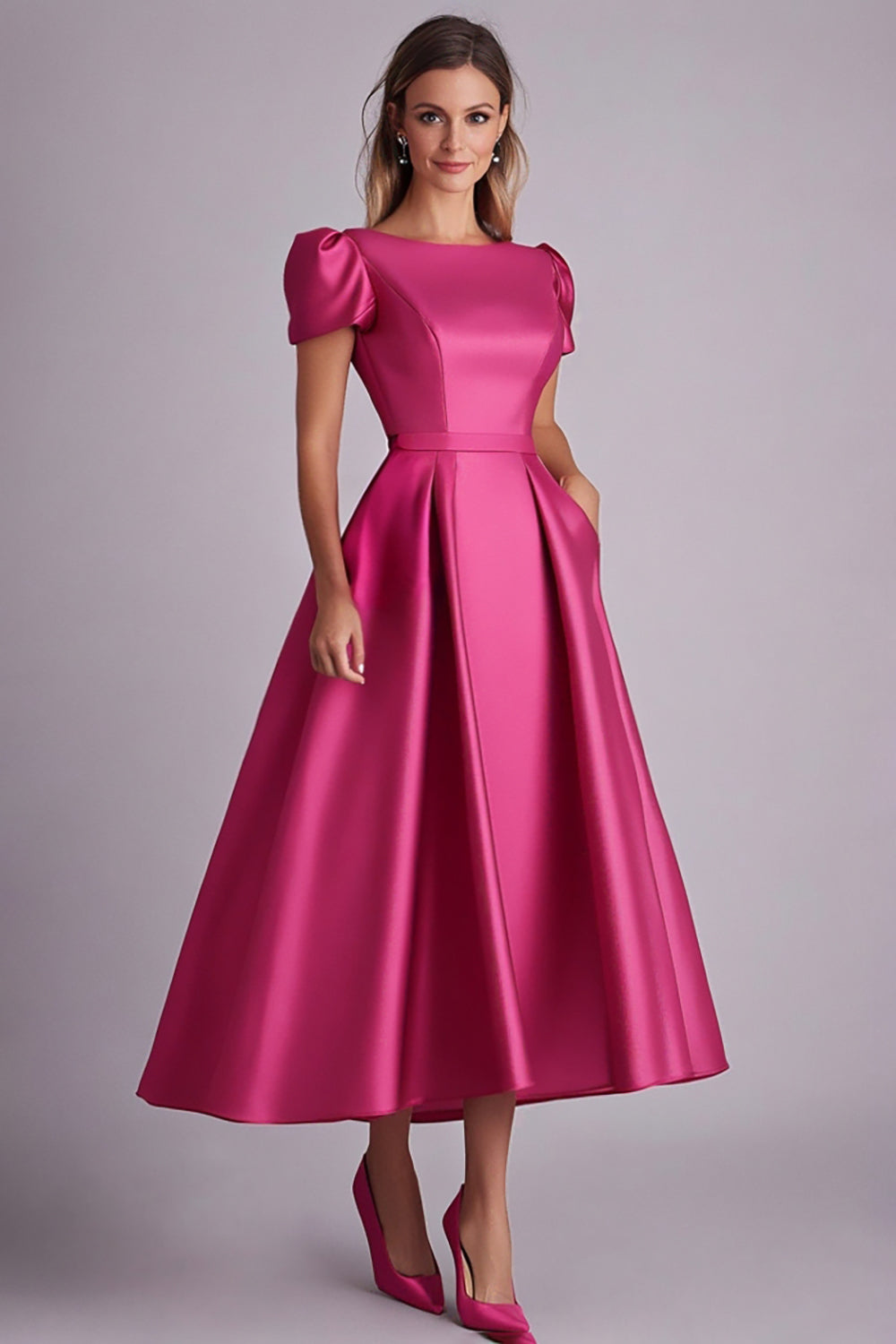 A-Line Satin Fuchsia Short Sleeves Mother of the Bride Dress