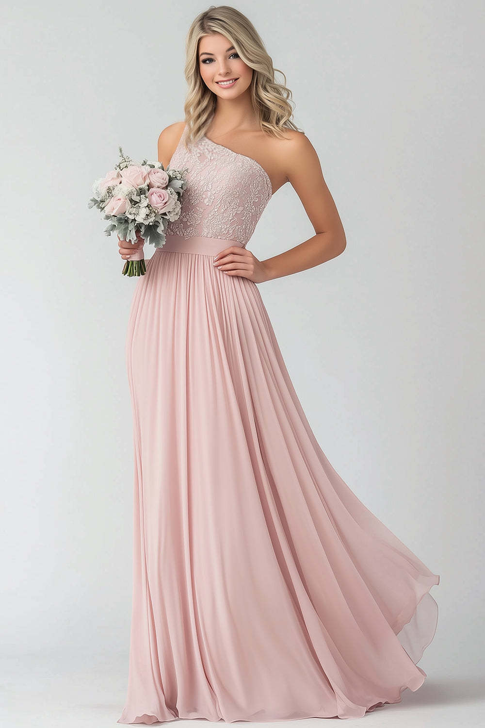 Leely Women Blush Bridesmaid Dress A Line One Shoulder Lace Chiffon Long Wedding Guest Dress