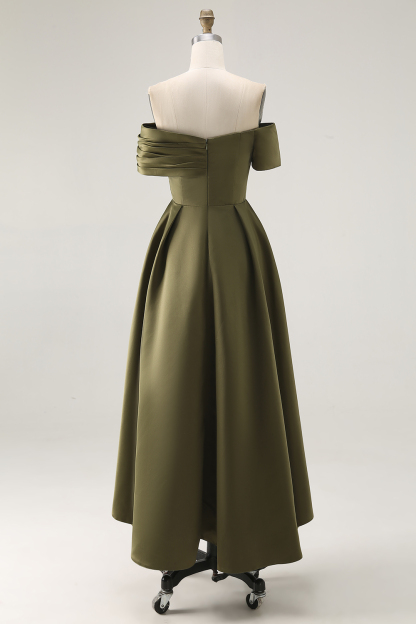 Off the Shoulder Satin Olive A-Line Mother of the Bride Dress