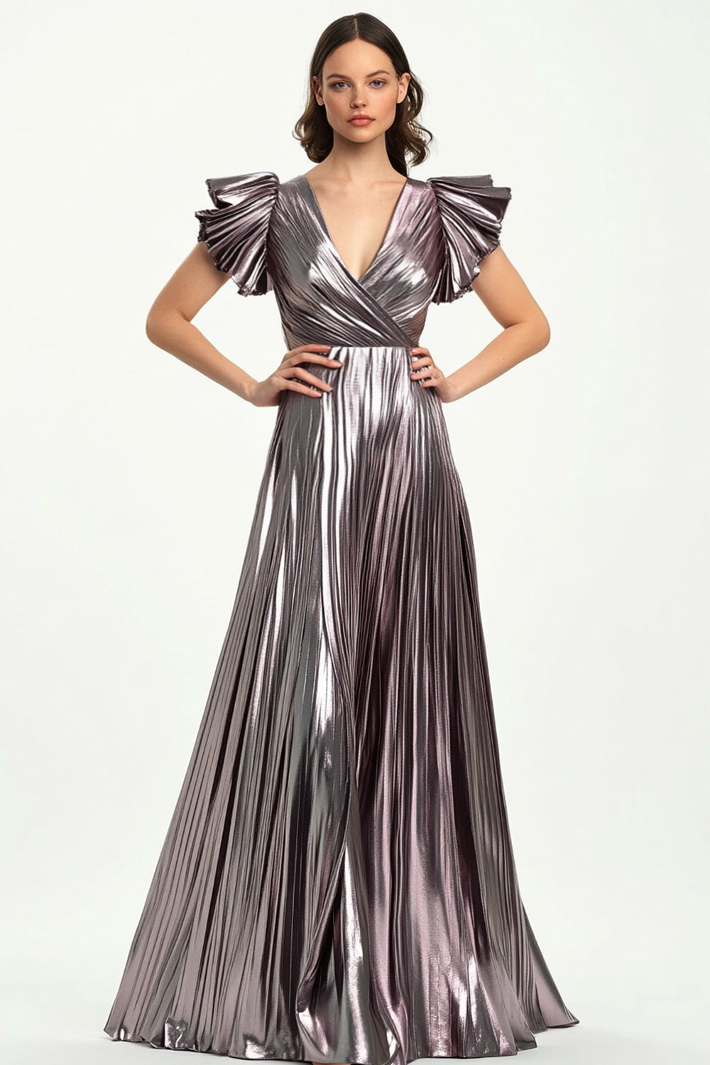 Taro Purple Pleated Metallic Satin A-Line Formal Dress with Short Ruffle Sleeves