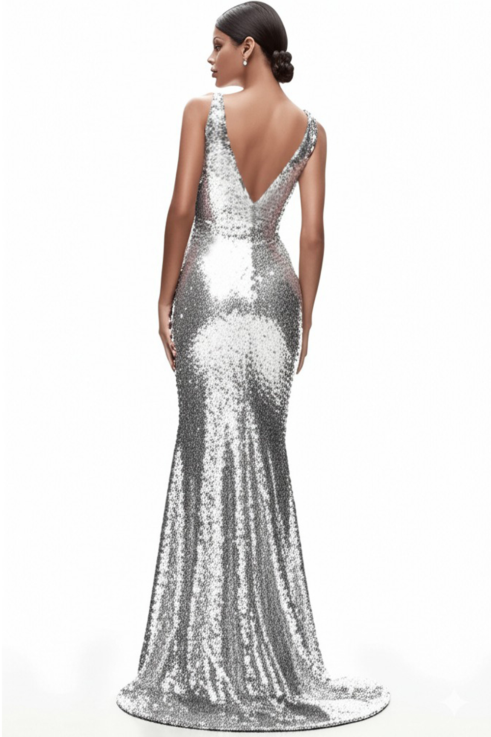 Sparkly Silver V-Neck Mermaid Sequined Formal Dress