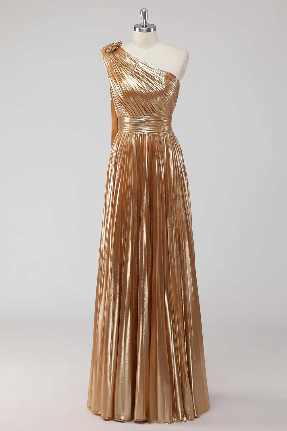 One Shoulder Golden Metallic Pleated A-Line Formal Dress