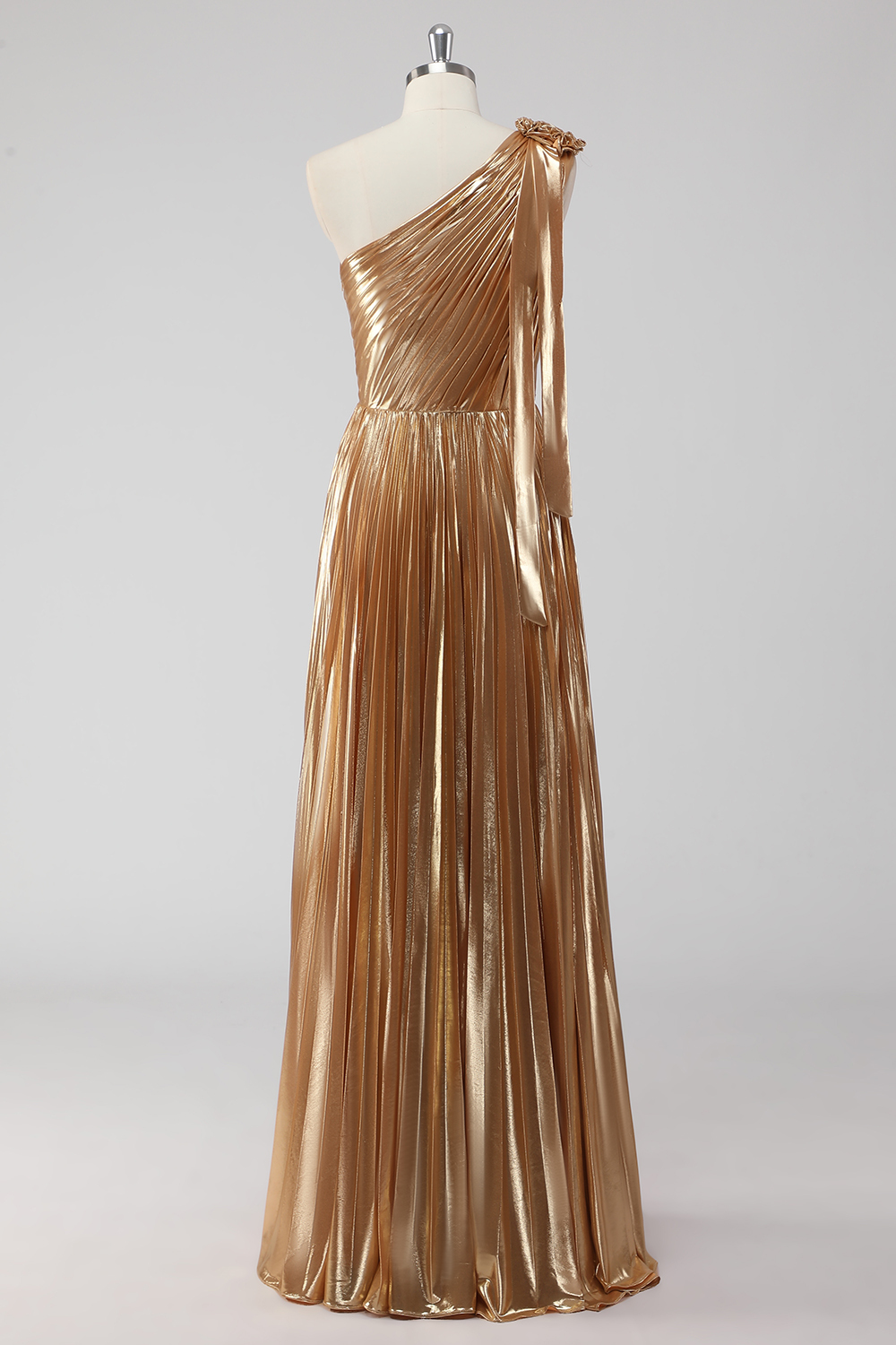 One Shoulder Golden Metallic Pleated A-Line Formal Dress