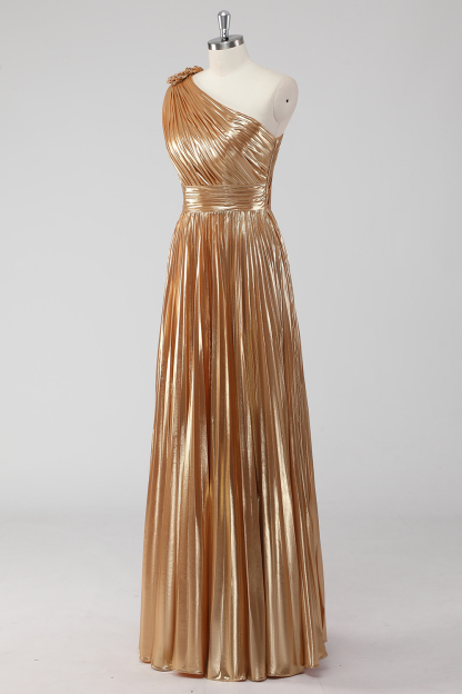 Golden Metallic One Shoulder Pleated A-Line Maxi Formal Dress