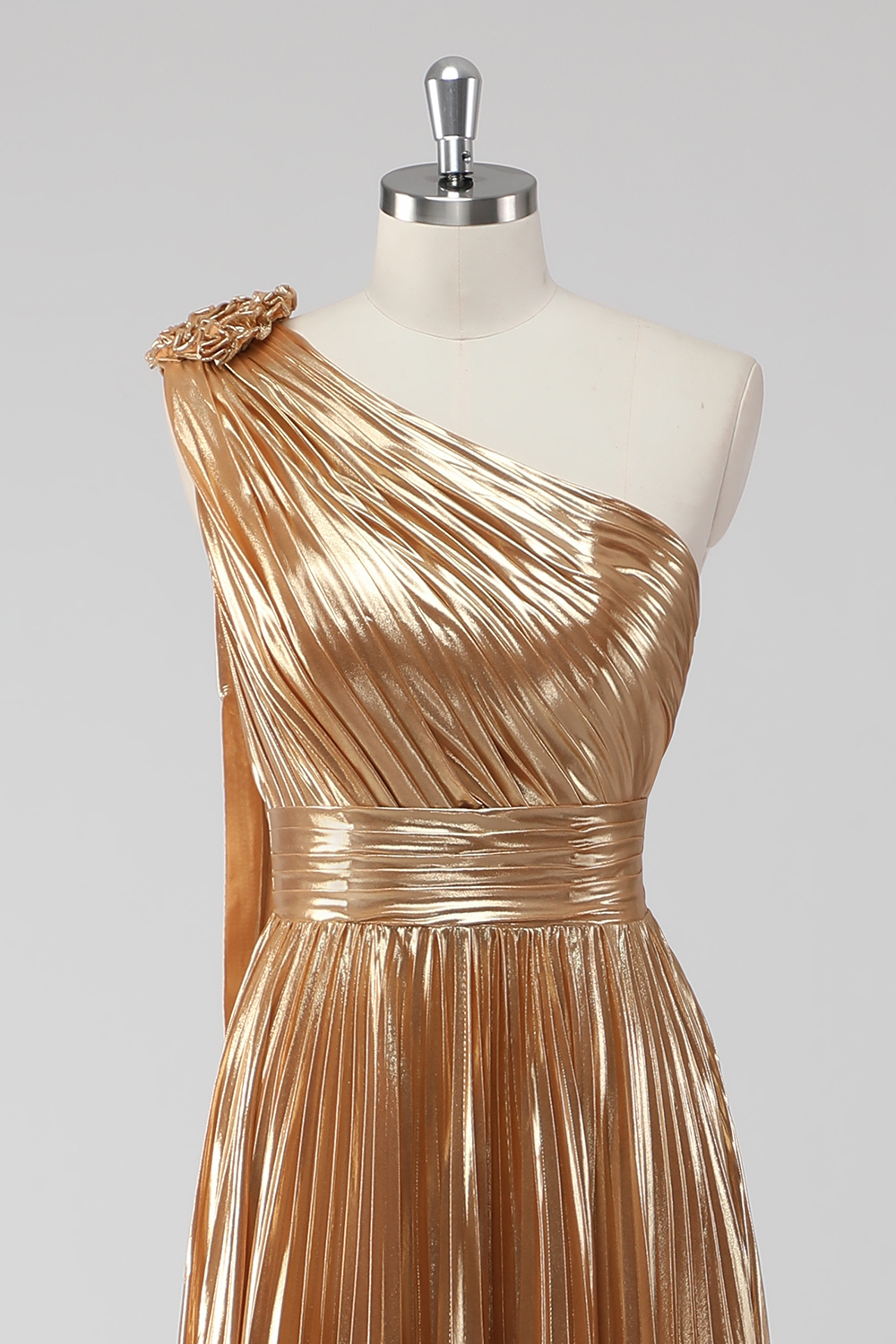 Golden Metallic One Shoulder Pleated A-Line Maxi Formal Dress
