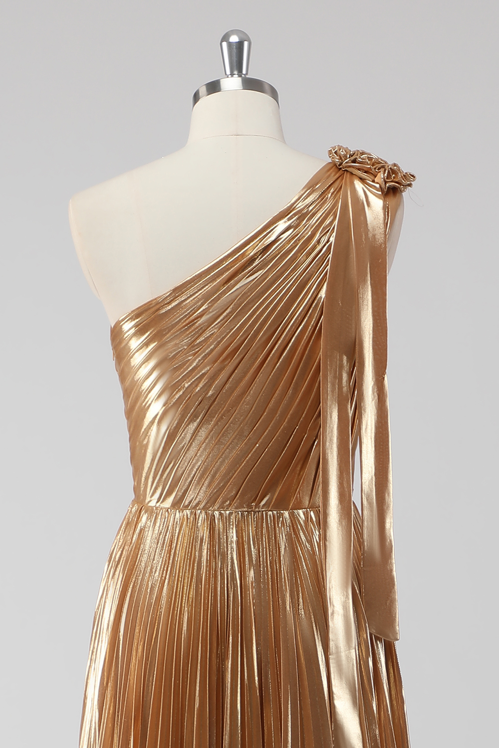 Golden Metallic One Shoulder Pleated A-Line Maxi Formal Dress