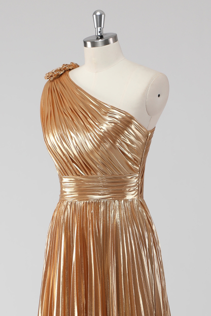 Golden Metallic One Shoulder Pleated A-Line Maxi Formal Dress