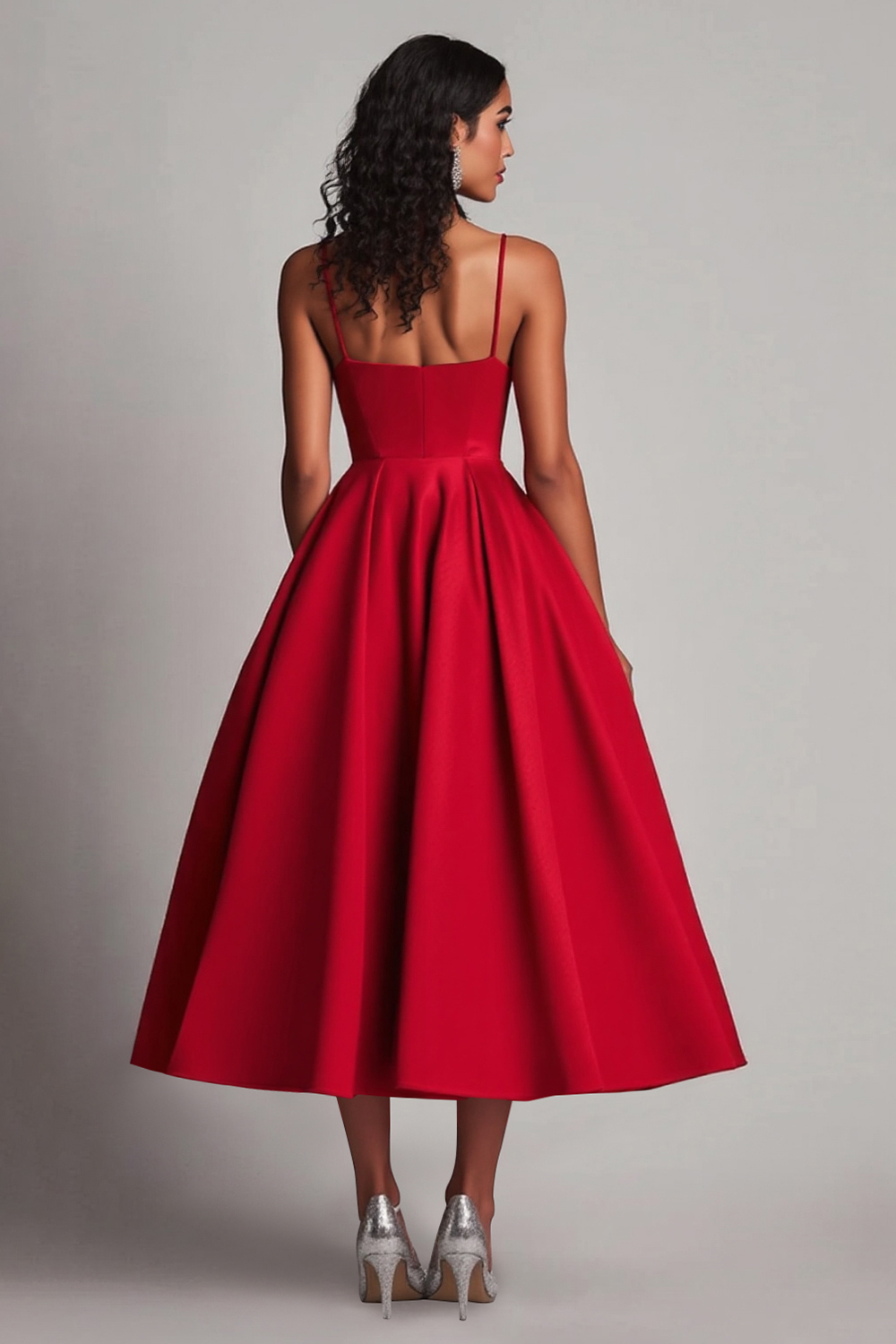 Red Satin A-Line Spaghetti Straps Tea Length Formal Dress