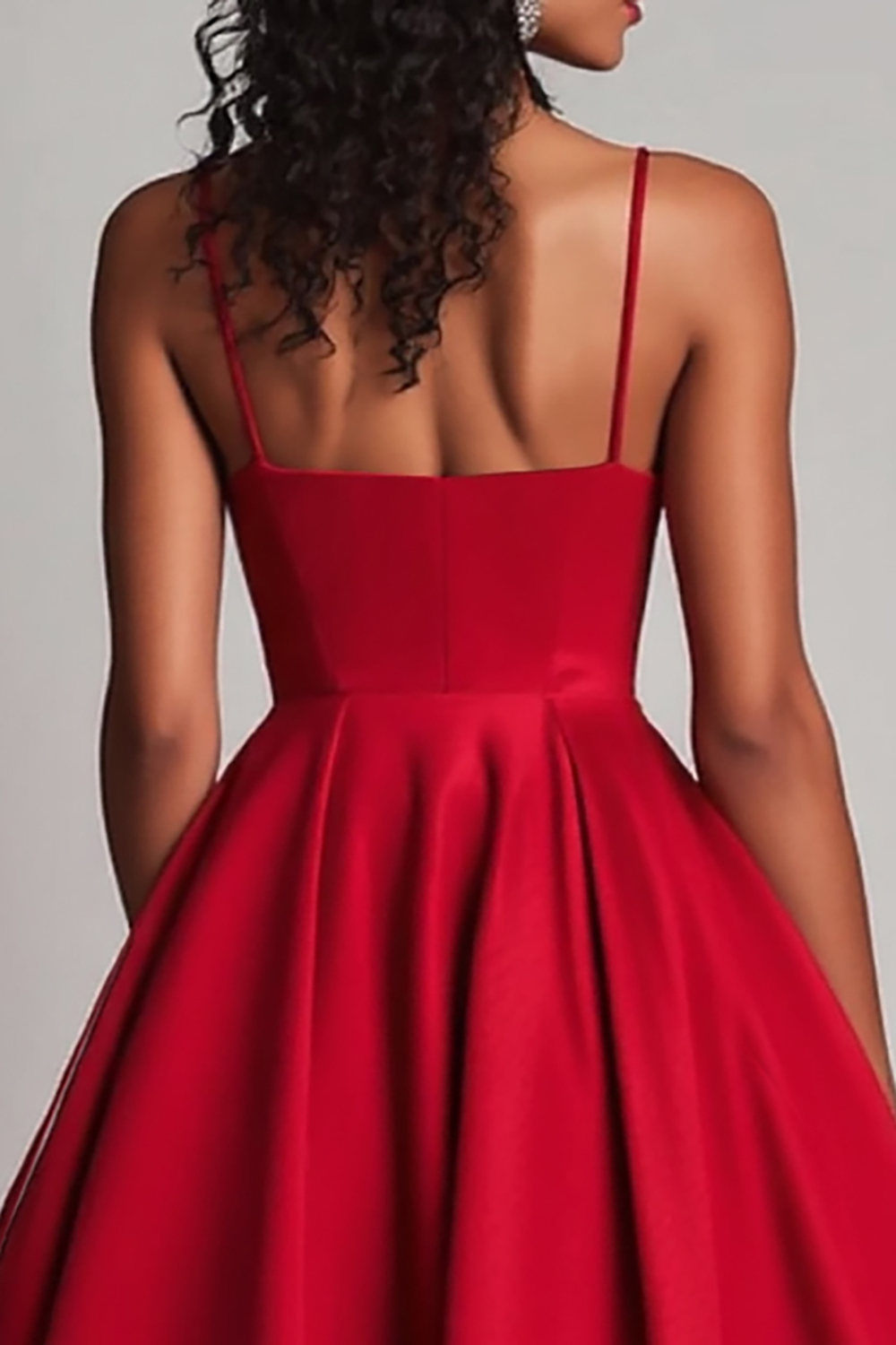 Red Satin A-Line Spaghetti Straps Tea Length Formal Dress