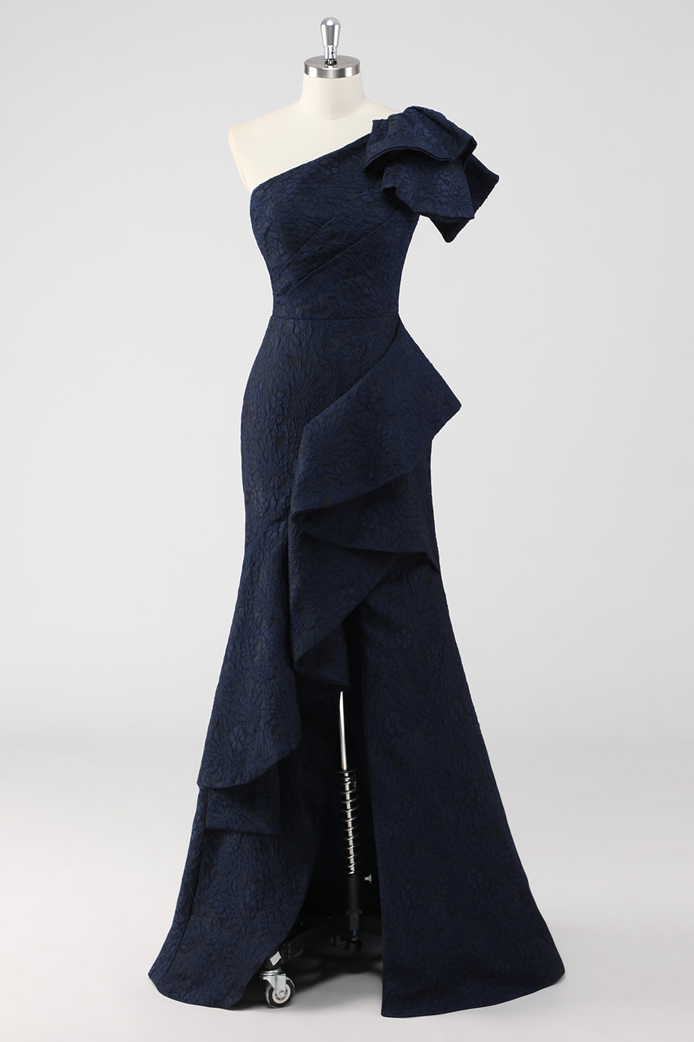 Navy One Shoulder Ruffled Mermaid Formal Dress with Slit