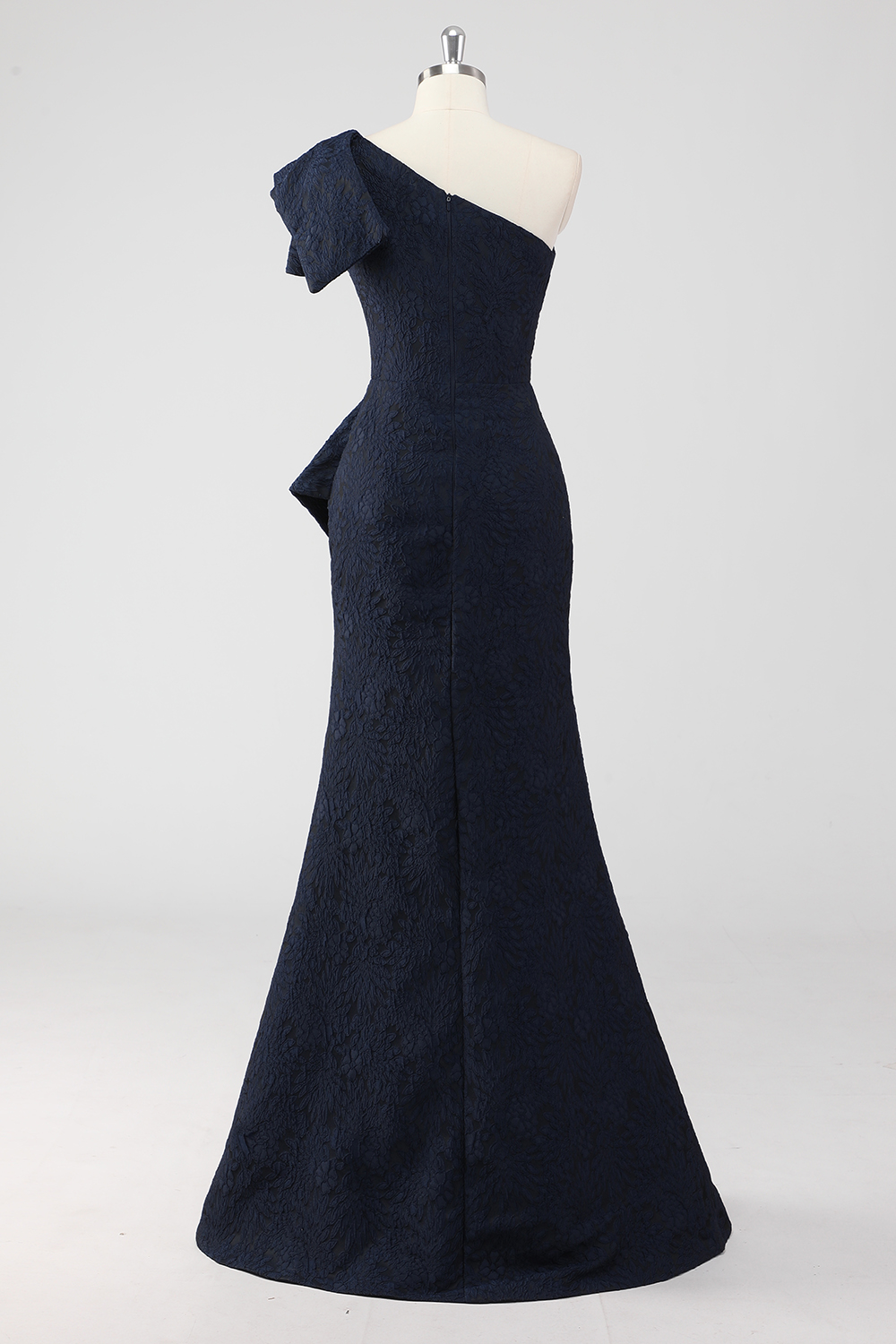 Navy One Shoulder Ruffled Mermaid Formal Dress with Slit