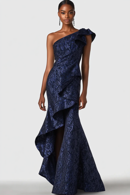 Leely Women Navy Ruffled Mermaid Formal Dress with Slit One Shoulder Printed Gaga Dress
