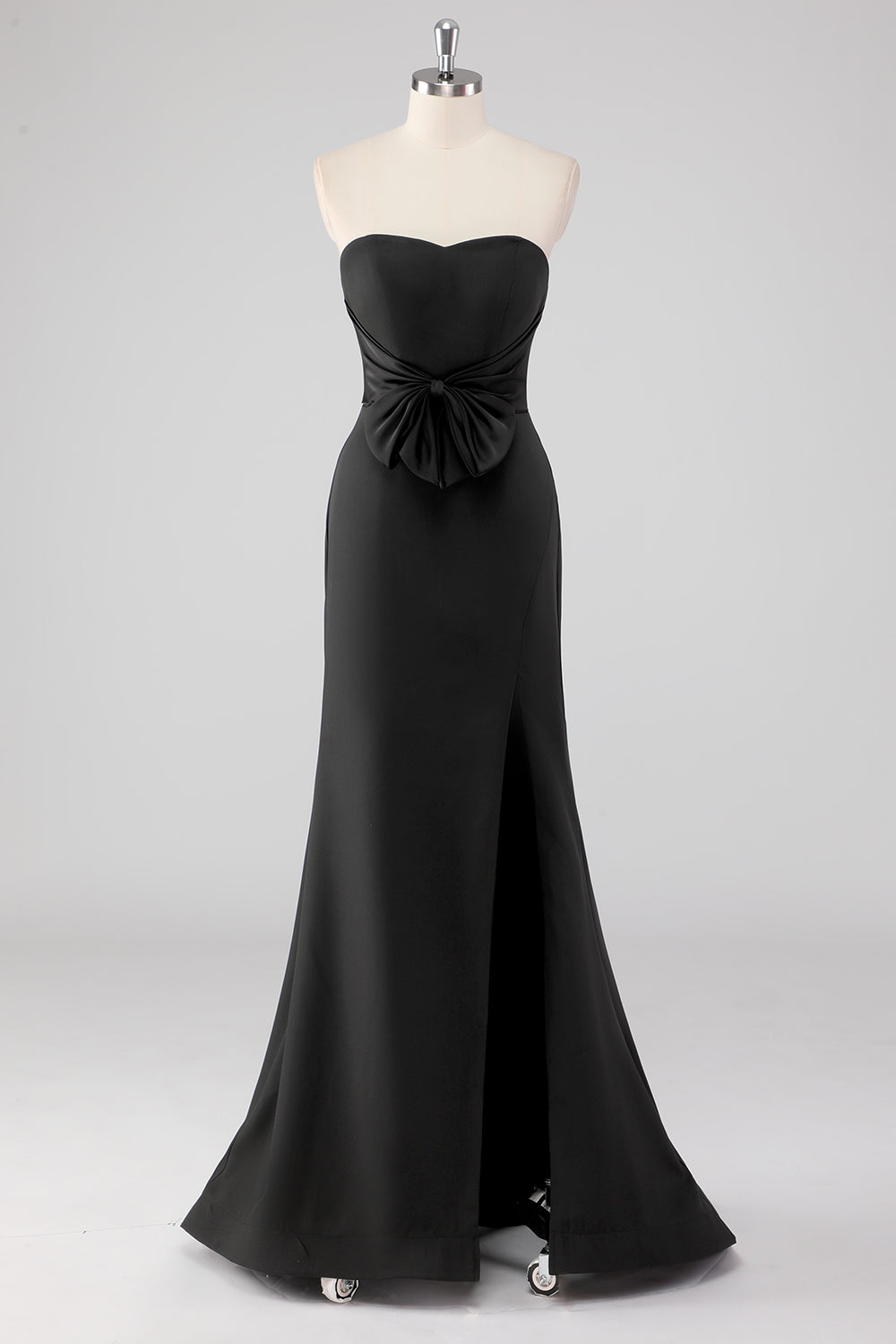 Leely Women Black Sweetheart Mermaid Bow Formal Dress with Slit Strapless Floor Length Evening Gala Dress