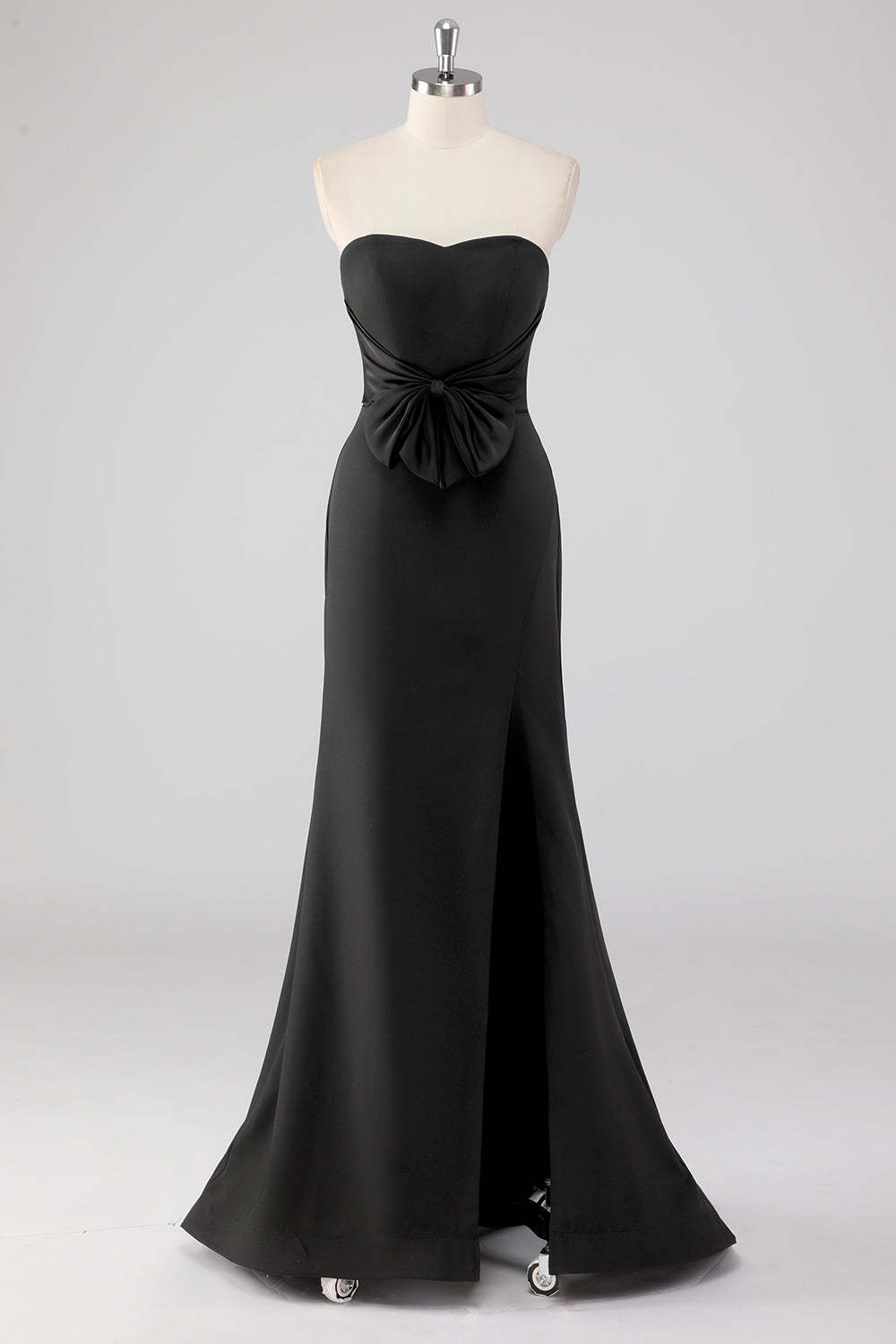 Leely Women Black Sweetheart Mermaid Bow Formal Dress with Slit Strapless Floor Length Evening Gala Dress