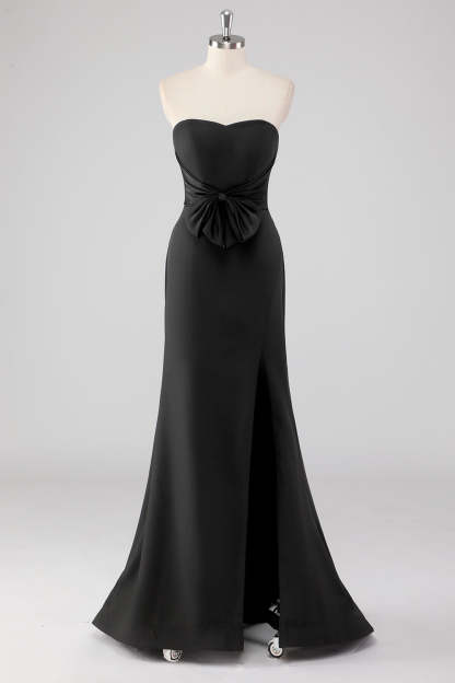 Leely Women Black Sweetheart Mermaid Bow Formal Dress with Slit Strapless Floor Length Evening Gala Dress