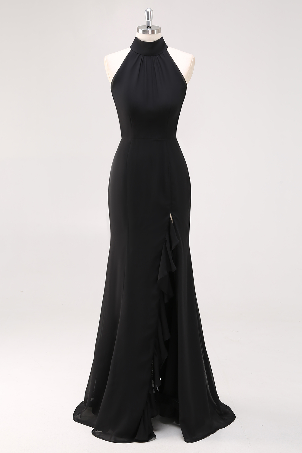 Black Halter Sheath Ruffled Formal Dress with Slit