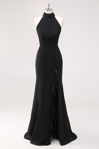 Black Halter Sheath Ruffled Formal Dress with Slit