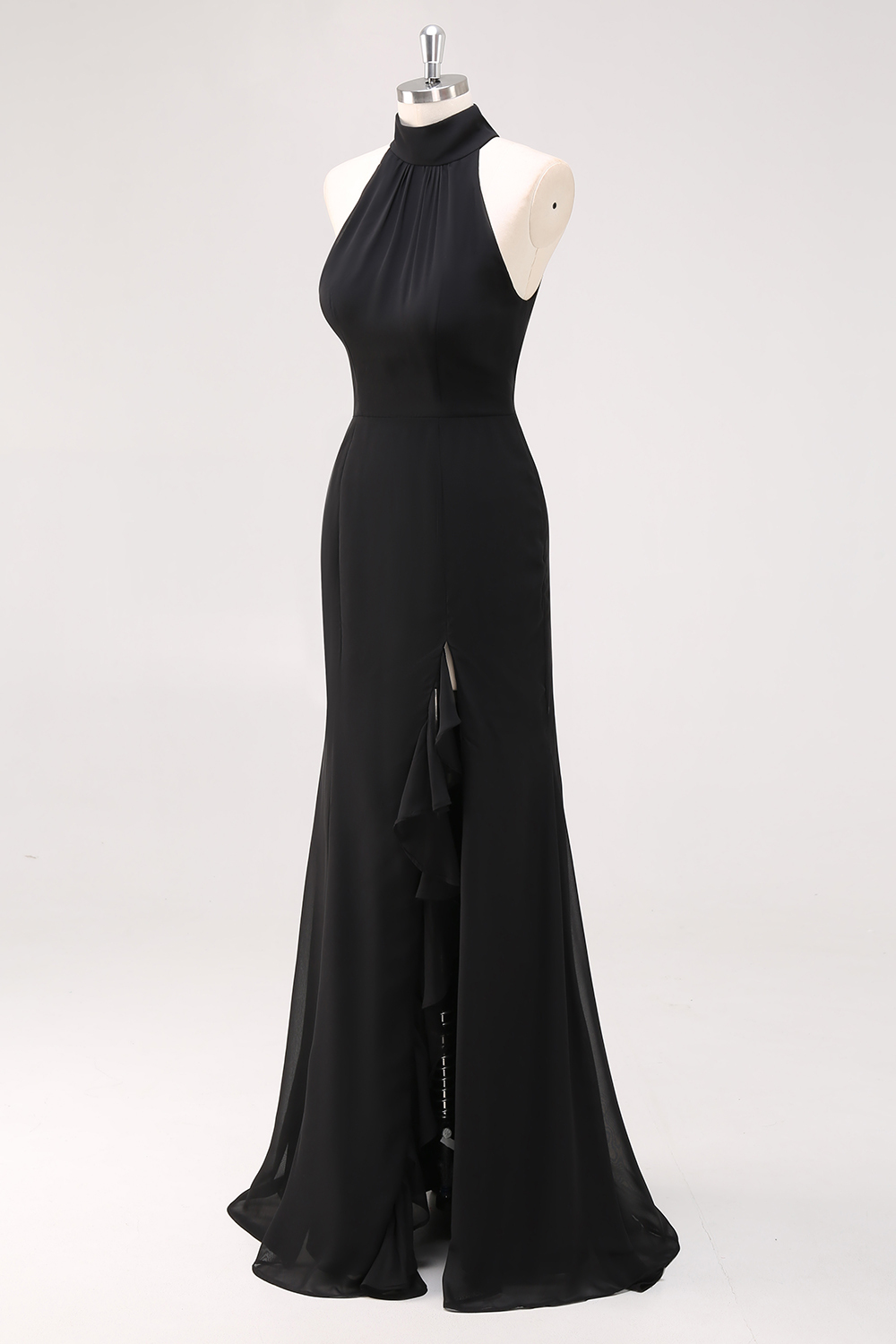 Halter Sleeveless Sheath Ruffled Black Tie Dress with Slit