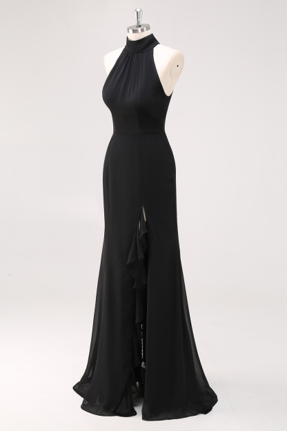 Halter Sleeveless Sheath Ruffled Black Tie Dress with Slit