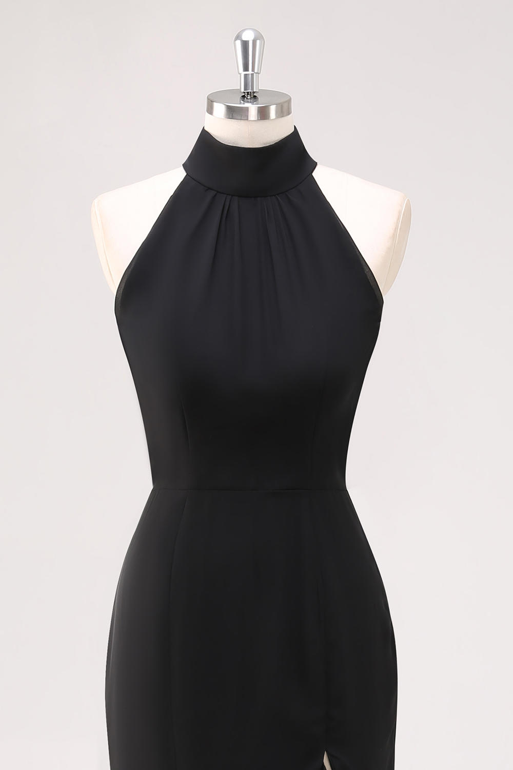 Halter Sleeveless Sheath Ruffled Black Tie Dress with Slit
