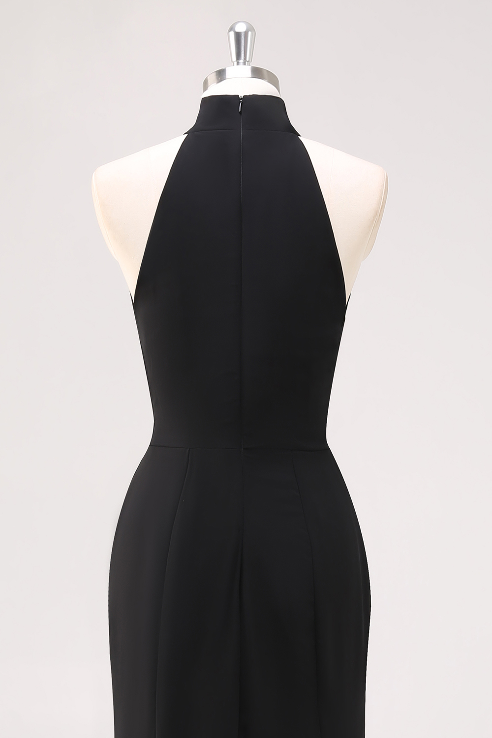 Halter Sleeveless Sheath Ruffled Black Tie Dress with Slit