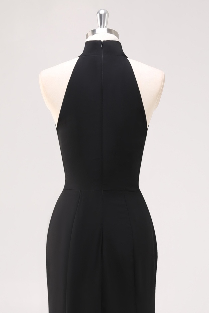 Halter Sleeveless Sheath Ruffled Black Tie Dress with Slit