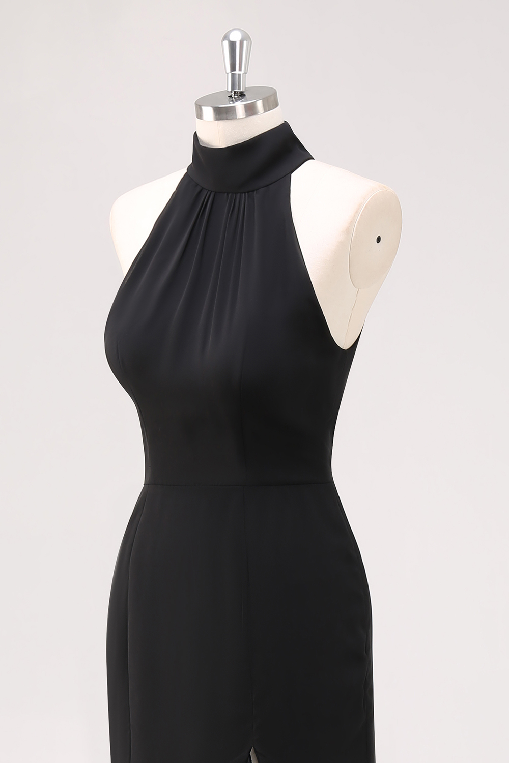 Halter Sleeveless Sheath Ruffled Black Tie Dress with Slit