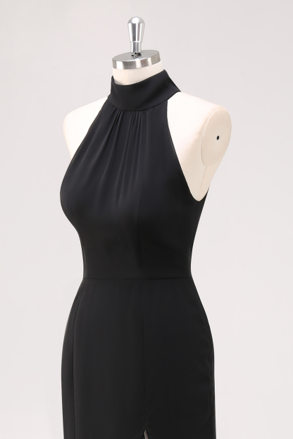 Halter Sleeveless Sheath Ruffled Black Tie Dress with Slit