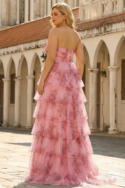 Blush Corset Floral Tiered A-Line Prom Dress with Slit