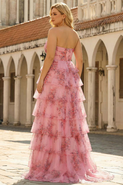 Corset Blush Plus Size Tiered Floral A-Line Prom Dress with Slit