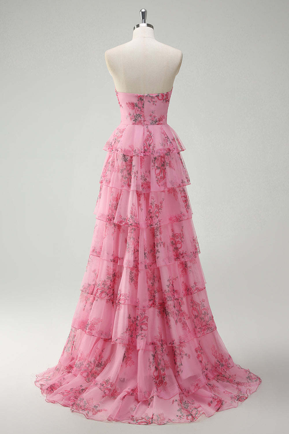 Corset Blush Plus Size Tiered Floral A-Line Prom Dress with Slit