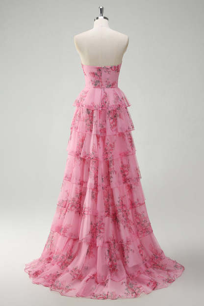 Corset Blush Plus Size Tiered Floral A-Line Prom Dress with Slit