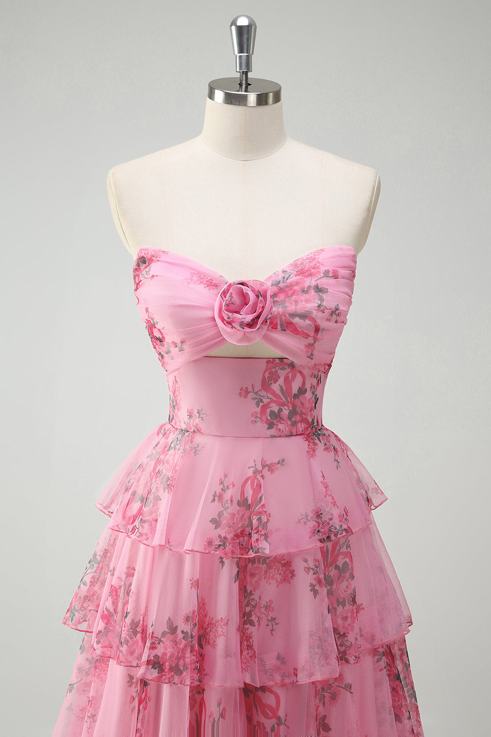 Blush Corset Floral Tiered A-Line Prom Dress with Slit