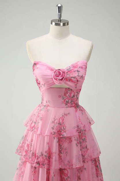 Blush Corset Floral Tiered A-Line Prom Dress with Slit