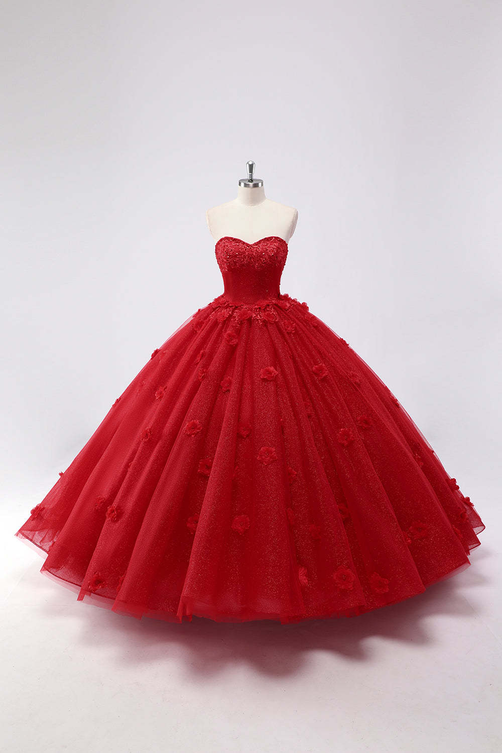 Leely Women Glitter Red Sweetheart 3D Flower Ball Gown Quincea?era Dress Strapless Maxi Sweetheart Dress