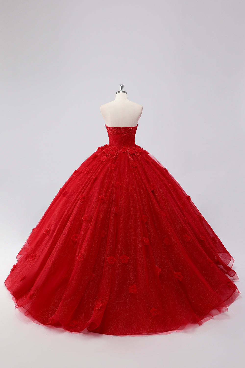 Glitter Red Sweetheart 3D Flower Ball Gown Quinceañera Dress