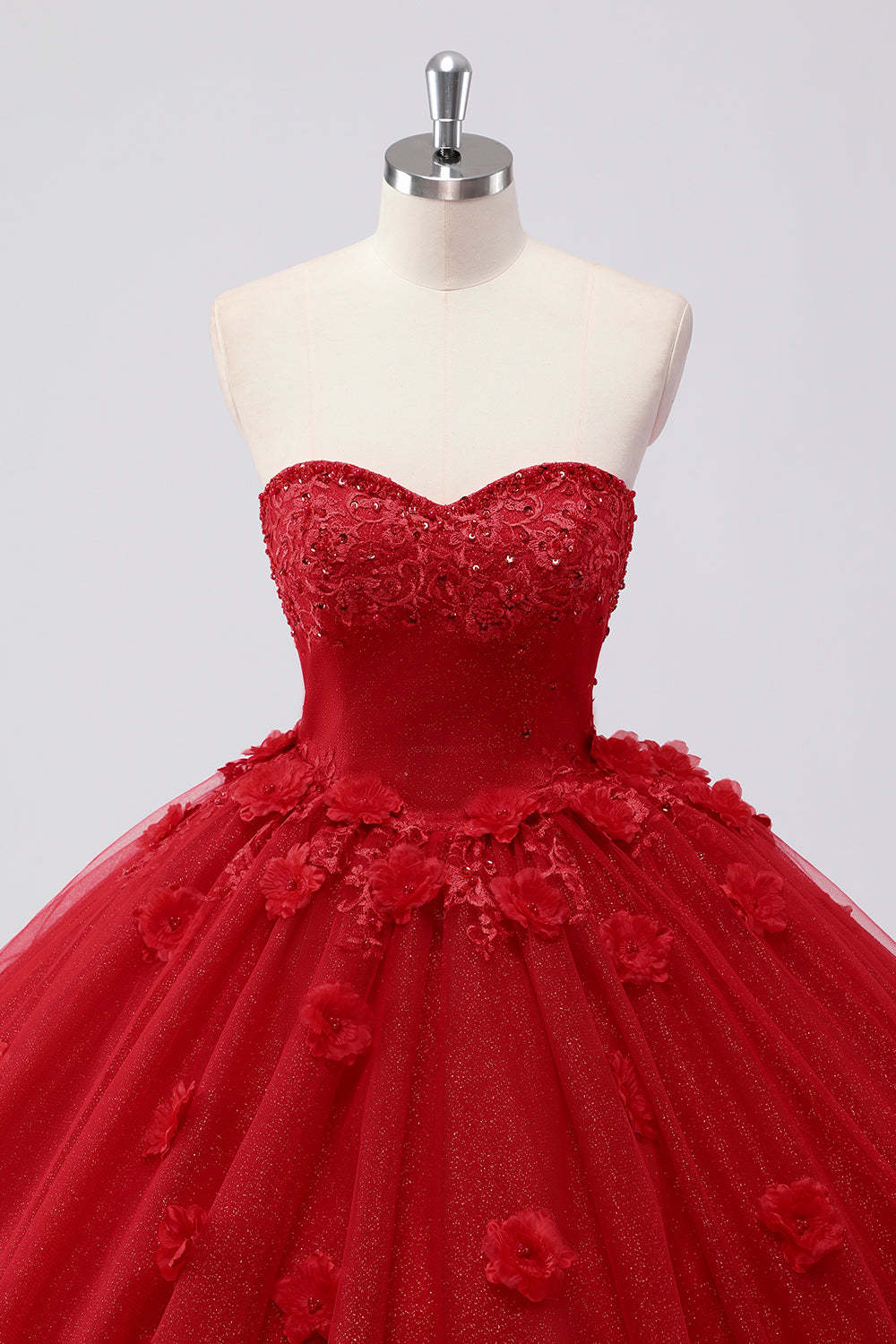 Glitter Red Sweetheart 3D Flower Ball Gown Quinceañera Dress